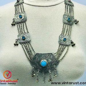 Silver Vintage Necklace with Turquoise Beads, Long Chain Necklace